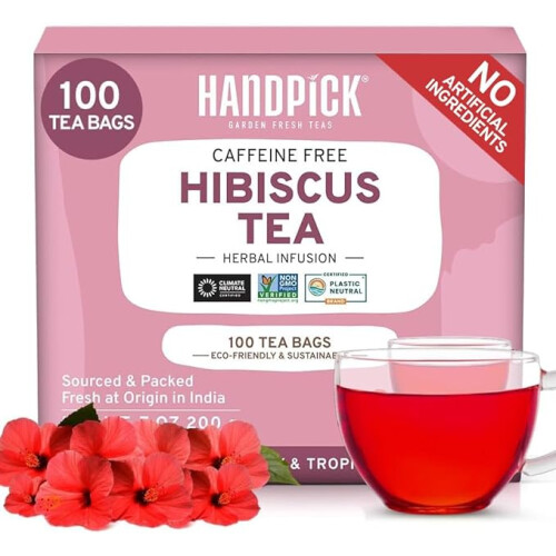 HANDPICK, Hibiscus Tea Bags - 100 Count | 100% Pure Ingredients- Hibiscus Flowers | Brew Hot, Iced Tea or Kombucha Tea | Round Herbal Tea Bags
