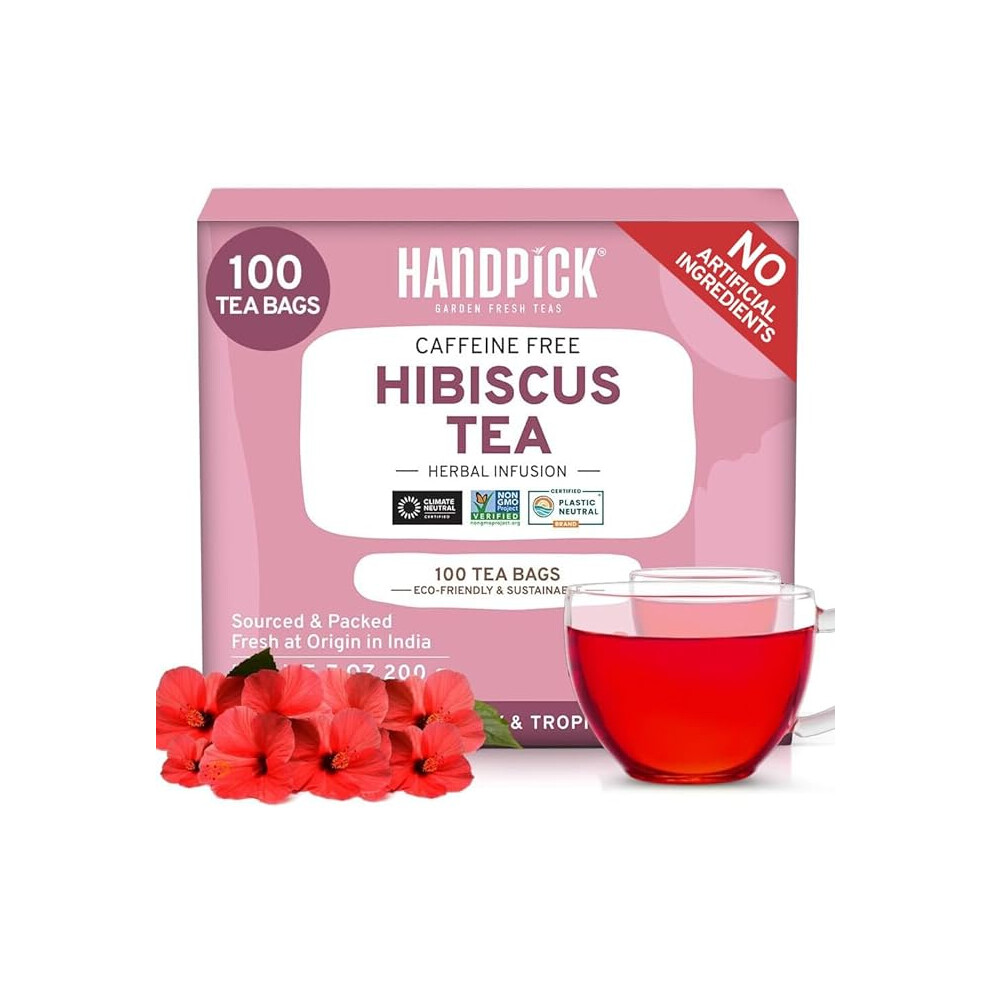 Handpick, Hibiscus Tea Bags - 100 Count | 100% Pure Ingredients- Hibiscus Flowers | Brew Hot, Iced Tea Or Kombucha Tea | Round Herbal Tea Bags Red