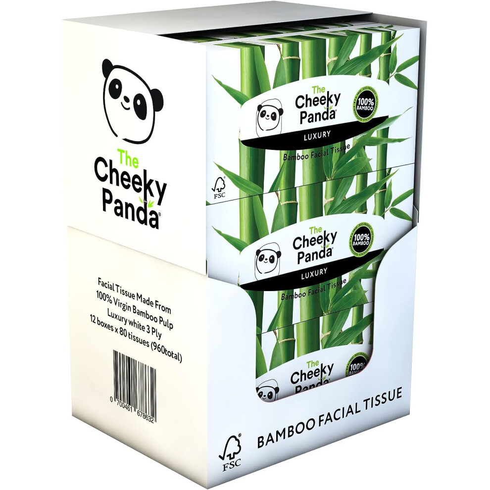 The Cheeky Panda Bamboo Facial Tissues Box Multipack | 12 Boxes of Tissues (960 Tissues) | Silky Soft and Sustainable Face Tissues