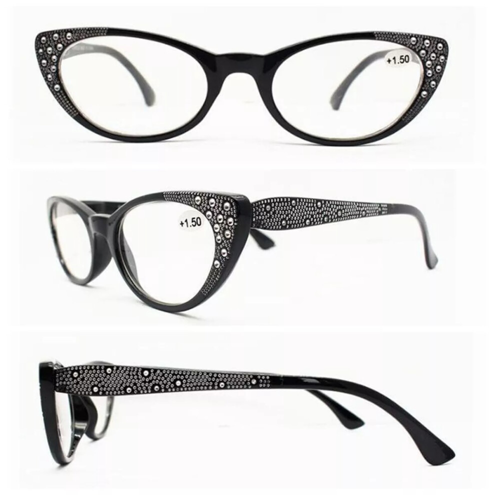 (Black, =+5.50 strength) Women's Cat Eye  Rhinestone Spring Hinges Reading Glass +1.0~+4.0 4.5 5.0 +6.0-image-OPC-PDY7PQT-NEW