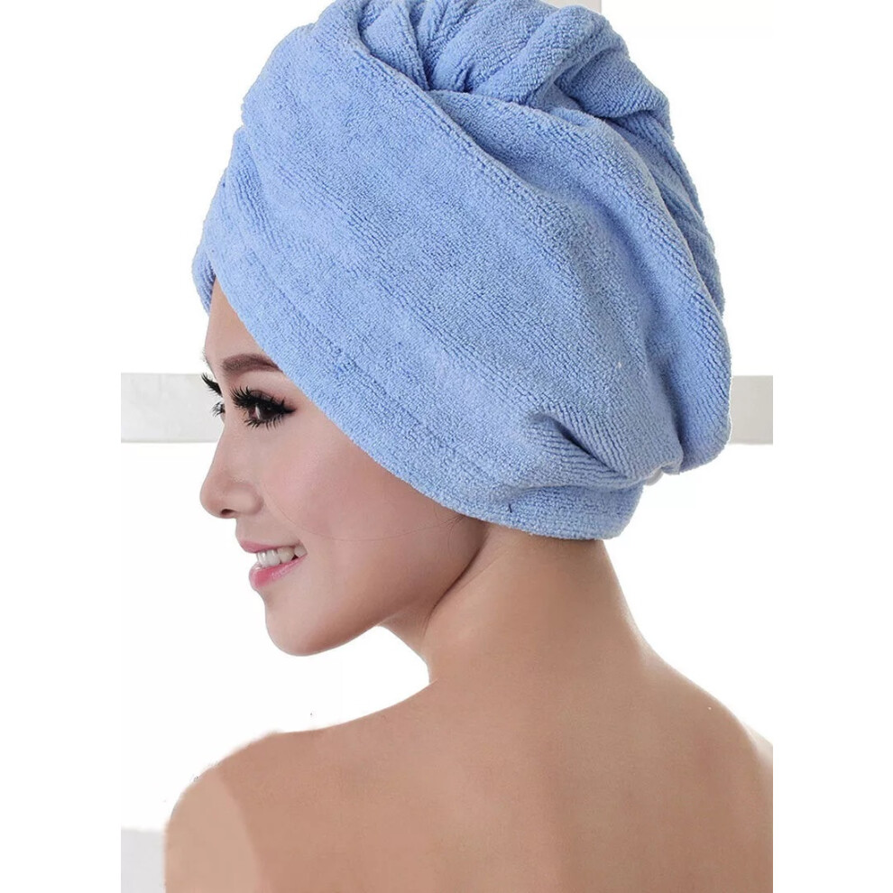 (Blue) Microfiber Hair Turban Towel Bath Wrap Quick Dry