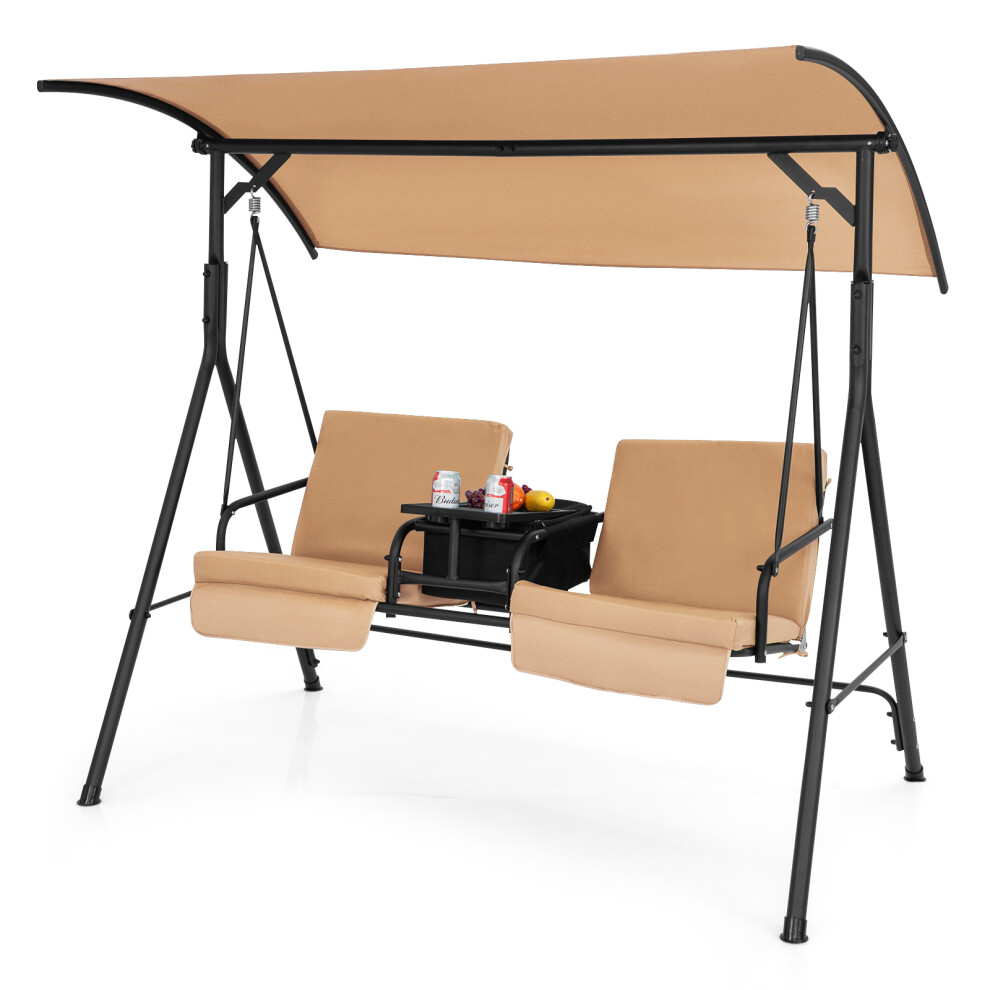 Canopy Swing Loveseat W/ Center Tray 23L Cooler Bag & Back Cushions Brown