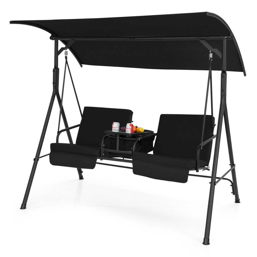 Canopy Swing Loveseat W/ Center Tray 23L Cooler Bag & Back Cushions Black