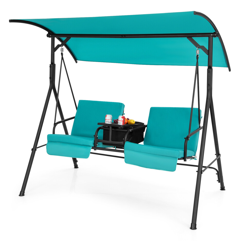 Canopy Swing Loveseat W/ Center Tray 23L Cooler Bag & Back Cushions Turquoise