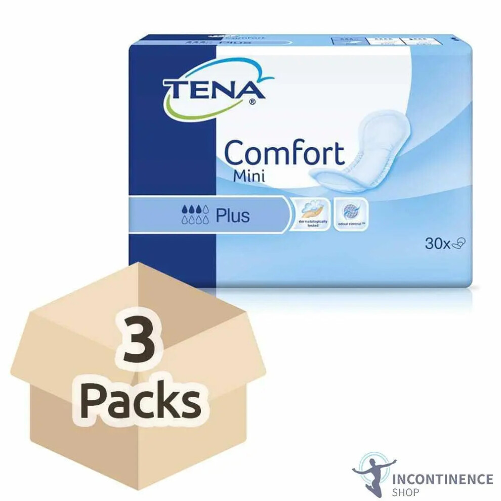 3x TENA Comfort Mini Plus - Pack of 30 - Thin Incontinence Pads  450ml