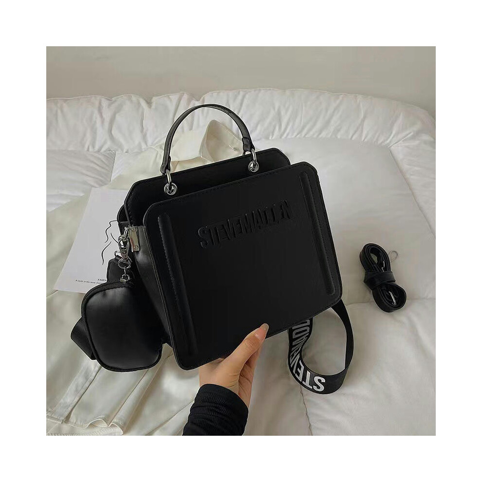 (black) New Fashion Handheld Small Square Bag 2024 Trendy Letter Printed Single Shoulder Bag Minimalist Commuter Women's Crossbody Bag