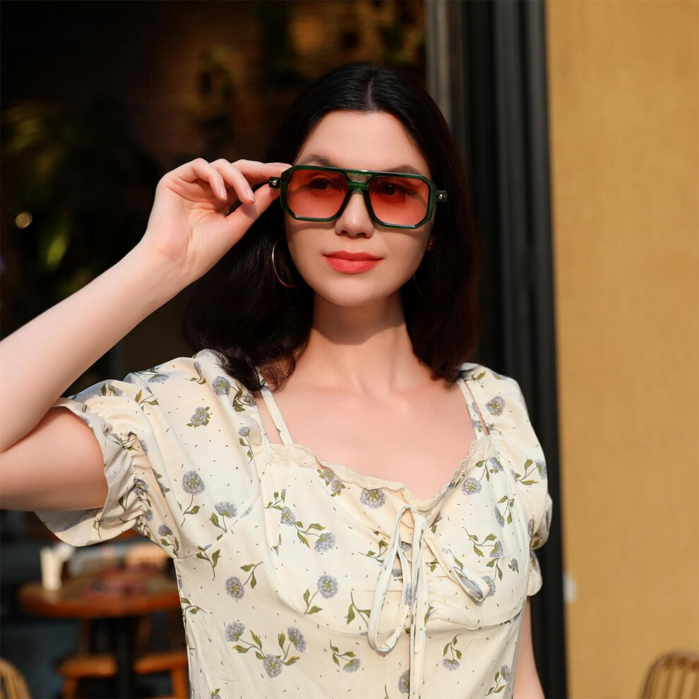 (52 Millimeters, 005 Transparent Green & Gradient Orange Lens) FEISEDY Vintage Square 70s Flat Aviator Sunglasses Women Men Classic Retro Stylish Frame UV400 Sunglasses B2622