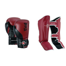 (10oz, Large) PMA LEATHER MUAY THAI BOXING GLOVES & SHIN PADS SET - MAROON/BLACK