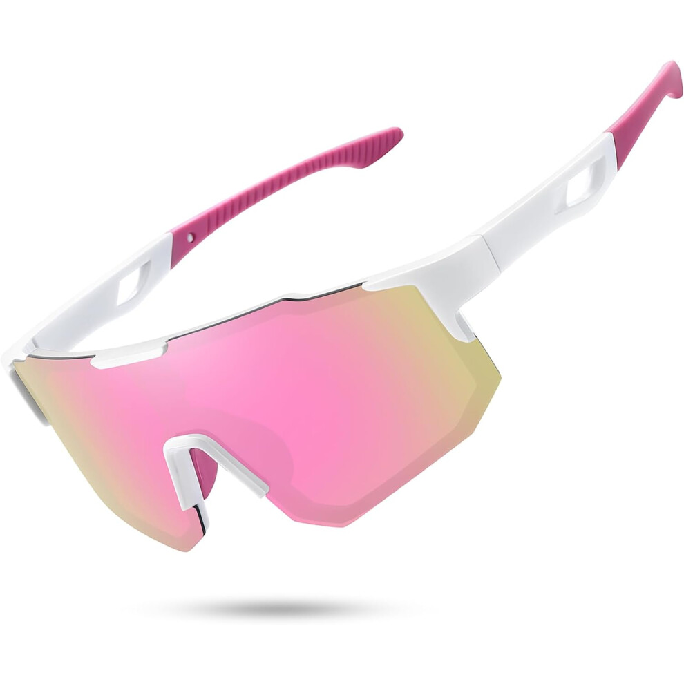 ((B1)white Frame/Pink Mirror Lens) STORYCOAST Polarized Sports Sunglasses for Men Women,Driving Fishing Cycling Mountain Bike Sunglasses UV400 Protection