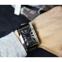 Emporio Armani Men's Classic Black Leather Watch, Silver Case AR0143