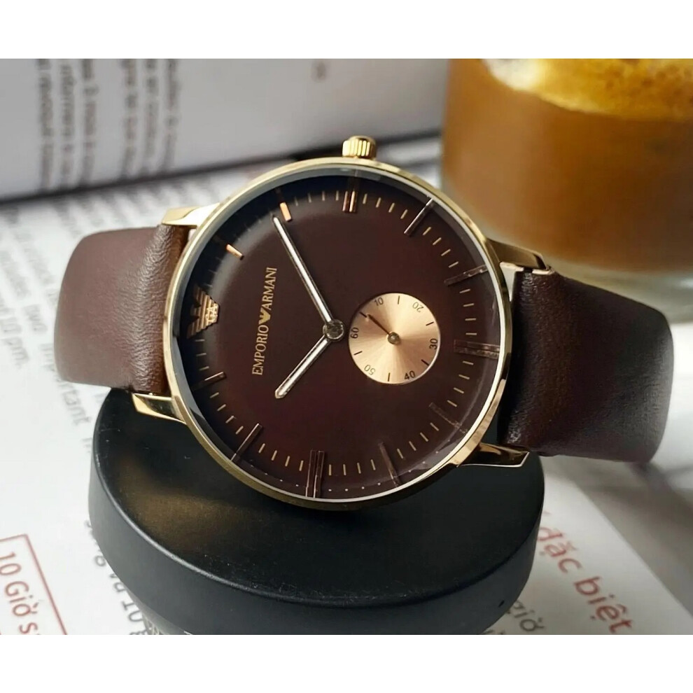 Armani Men Watch AR0383 Brown Leather Strap Brown Dial Rose Gold Case