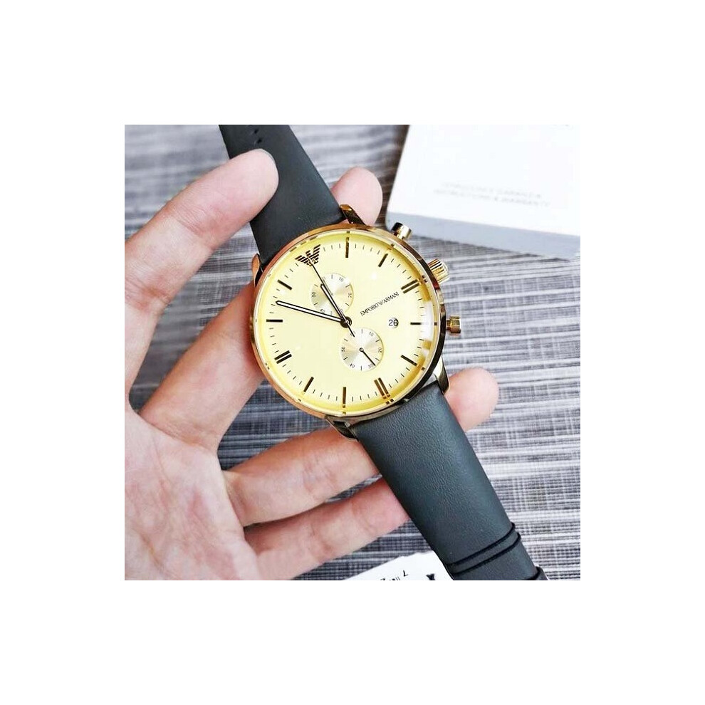 Armani Men's Watch AR0386 Grey Leather Champagne Dial Yellow Gold Case