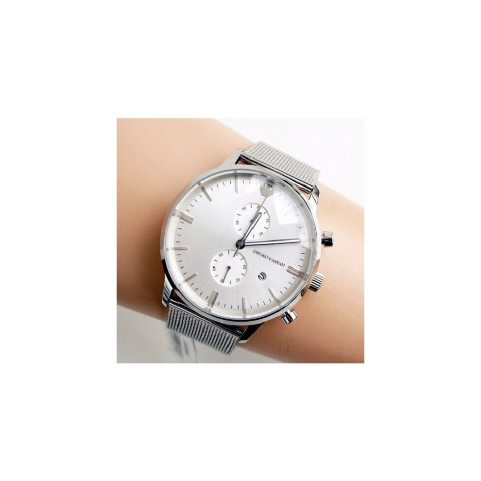 Armani Men's Watch AR0390 Silver Mesh Strap Silver Dial Silver Case