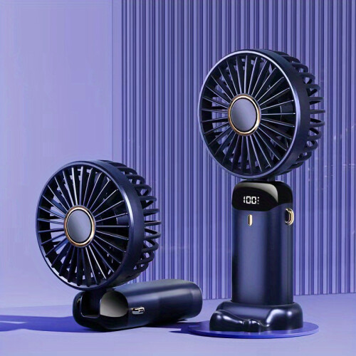 (Blue) 1pc Rechargeable Handheld Mini Fan with 5 Speeds and LED Display
