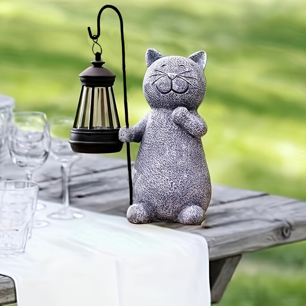 (Cat Statue Solar Light) 1pc Solar Cat Statue with Lantern - Perfect Garden Decoration