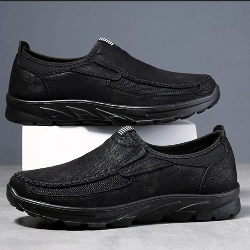 (BLACK, UK 7.5 EU 42) MENS LEATHER SLIP ON WALKING SHOES DRIVING MOCCASIN COMFORT CASUAL TRAINERS SIZE