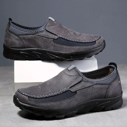 (GREY, UK 6.5 EU 40) MENS LEATHER SLIP ON WALKING SHOES DRIVING MOCCASIN COMFORT CASUAL TRAINERS SIZE