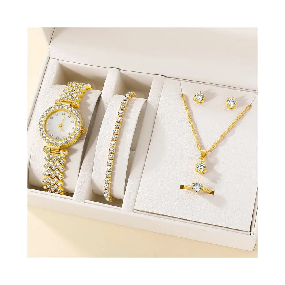 (Gold) 6PCS Set Watch Womens Ring Necklace Earring Bracelet