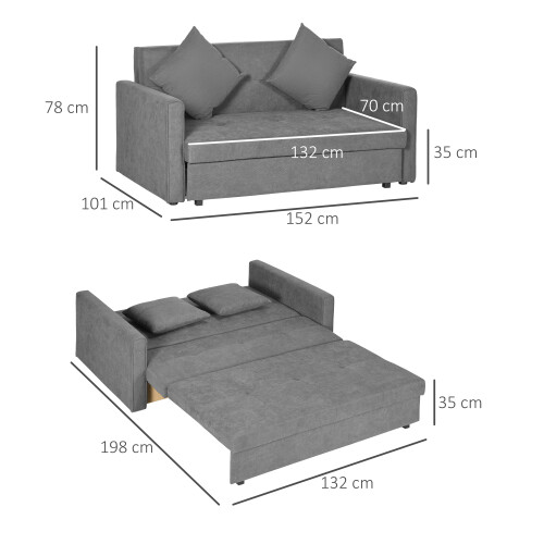 Homcom HOMCOM 2 Seater Sofa Bed Convertible Bed Settee w/ 2 Cushions Storage Light Grey 1