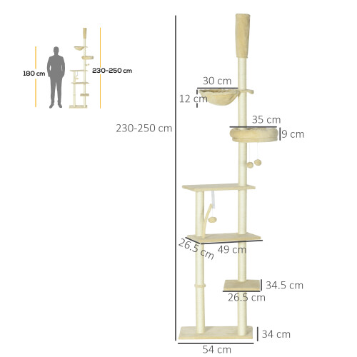 PawHut PawHut Floor To Ceiling Cat Tree 6-Tier with Scratch Post Bed Hammock Beige 1