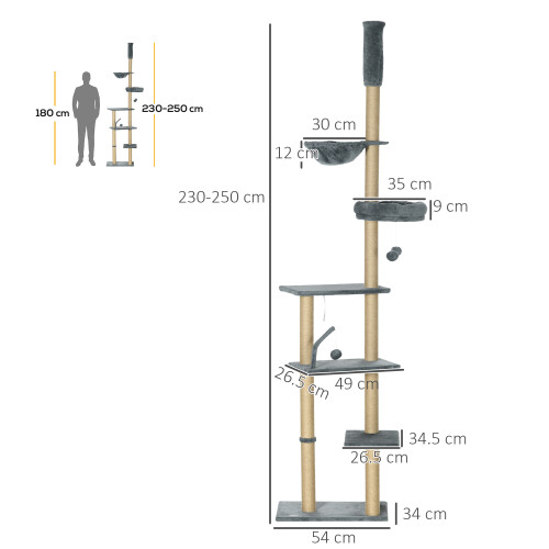 PawHut PawHut Floor To Ceiling Cat Tree 6-Tier with Scratch Post Bed Hammock Grey 1