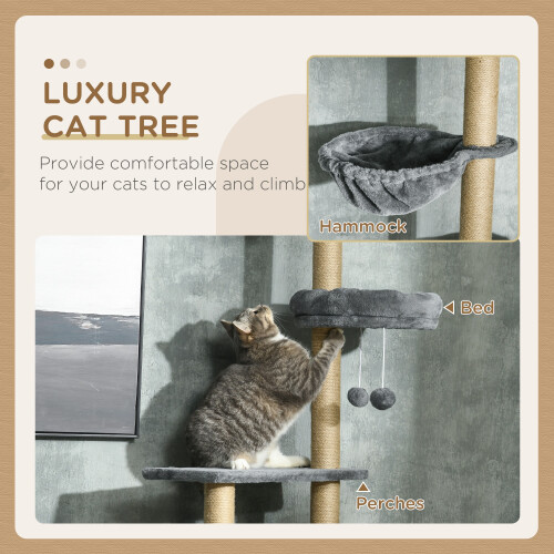 PawHut PawHut Floor To Ceiling Cat Tree 6-Tier with Scratch Post Bed Hammock Grey 2