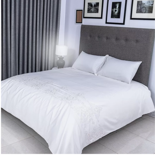 Flax Linen Ancient Design Duvet Cover set White (Double )