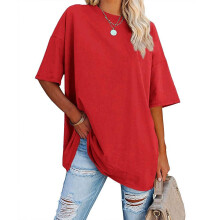 (M, red) Oversized T Shirts for Women Loose Fit Round Neck Short Sleeve Summer Casual Blouse Basic T-Shirt