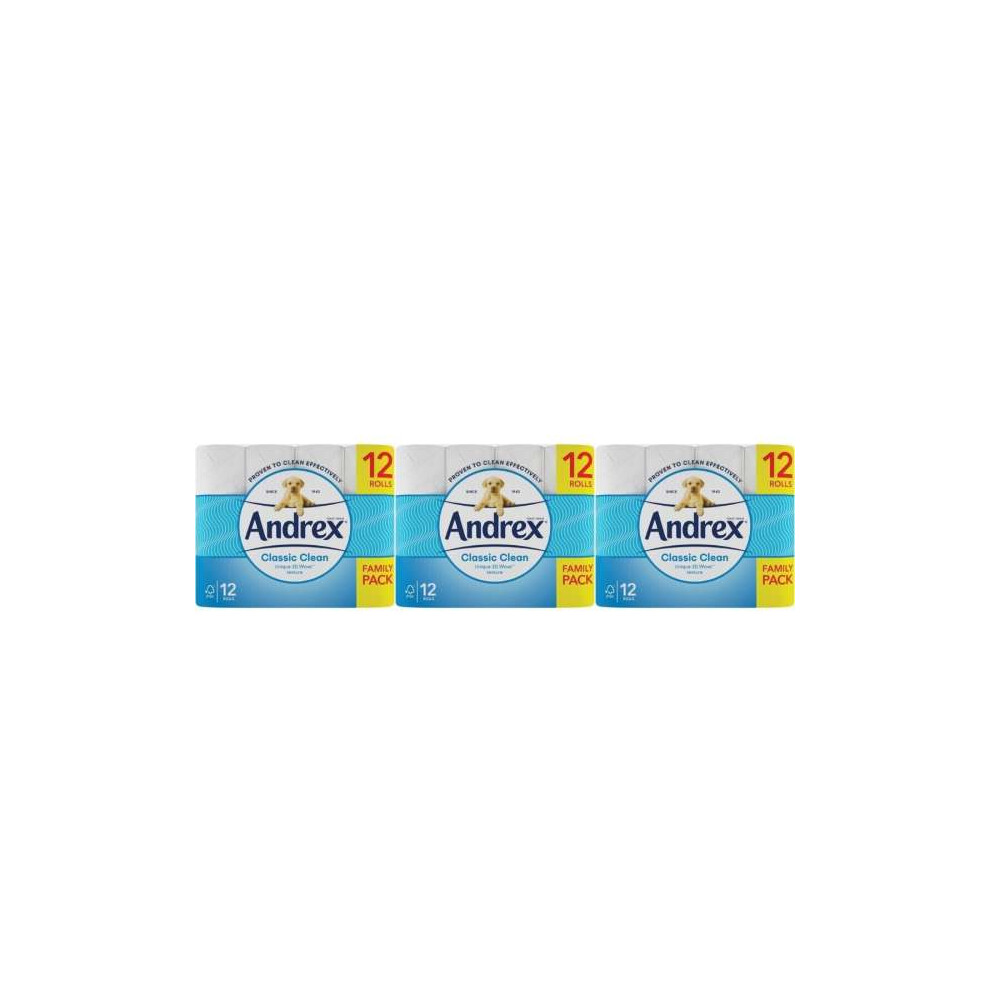 Andrex Toilet Tissue Classic Clean 12 Rolls - Pack Of 3