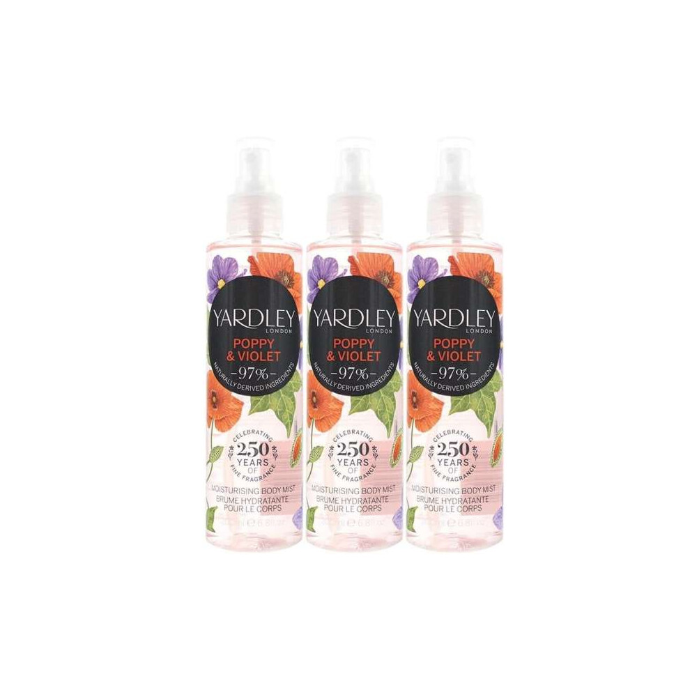 Yardley Body Mist Poppy & Violet Moisturising 200ml - Pack of 3