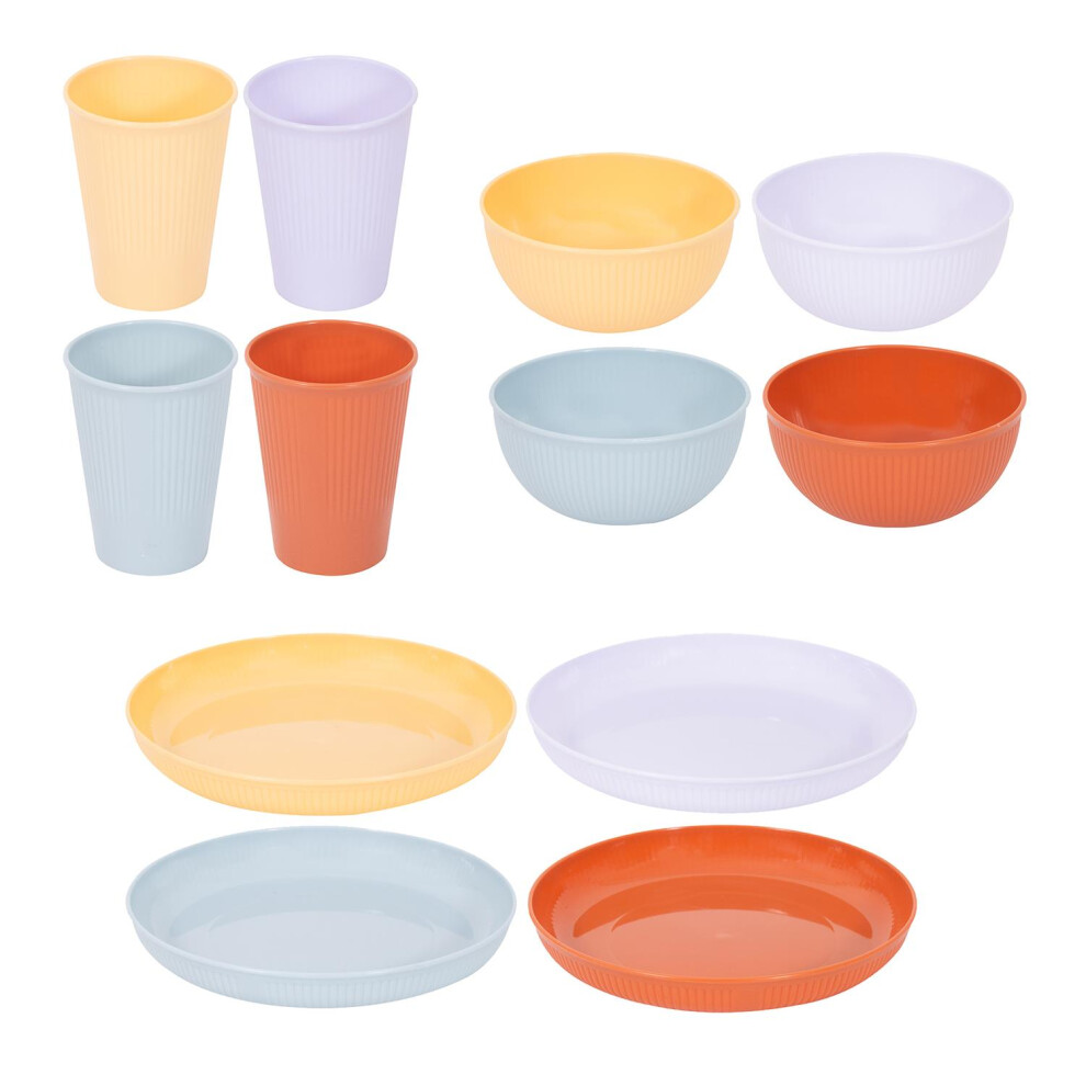 Set of 12 Ribbed Plastic Plates Bowls Tumblers Summer Party Outdoor Picnic BBQ