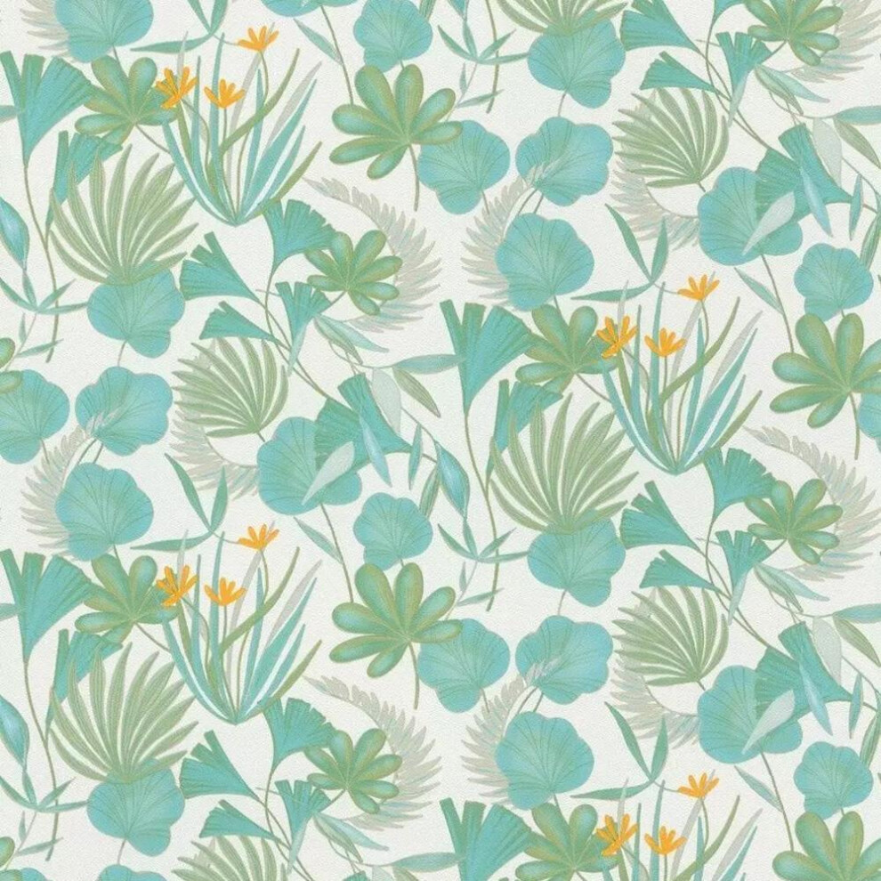 Rasch Botanical Leaves Teal Wallpaper Flowers Naturistic Vinyl 4000441466621