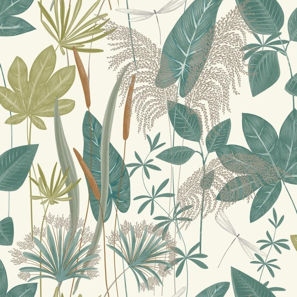 Grandeco Dragonfly Garden Wallpaper Metallic Botanical Leaves