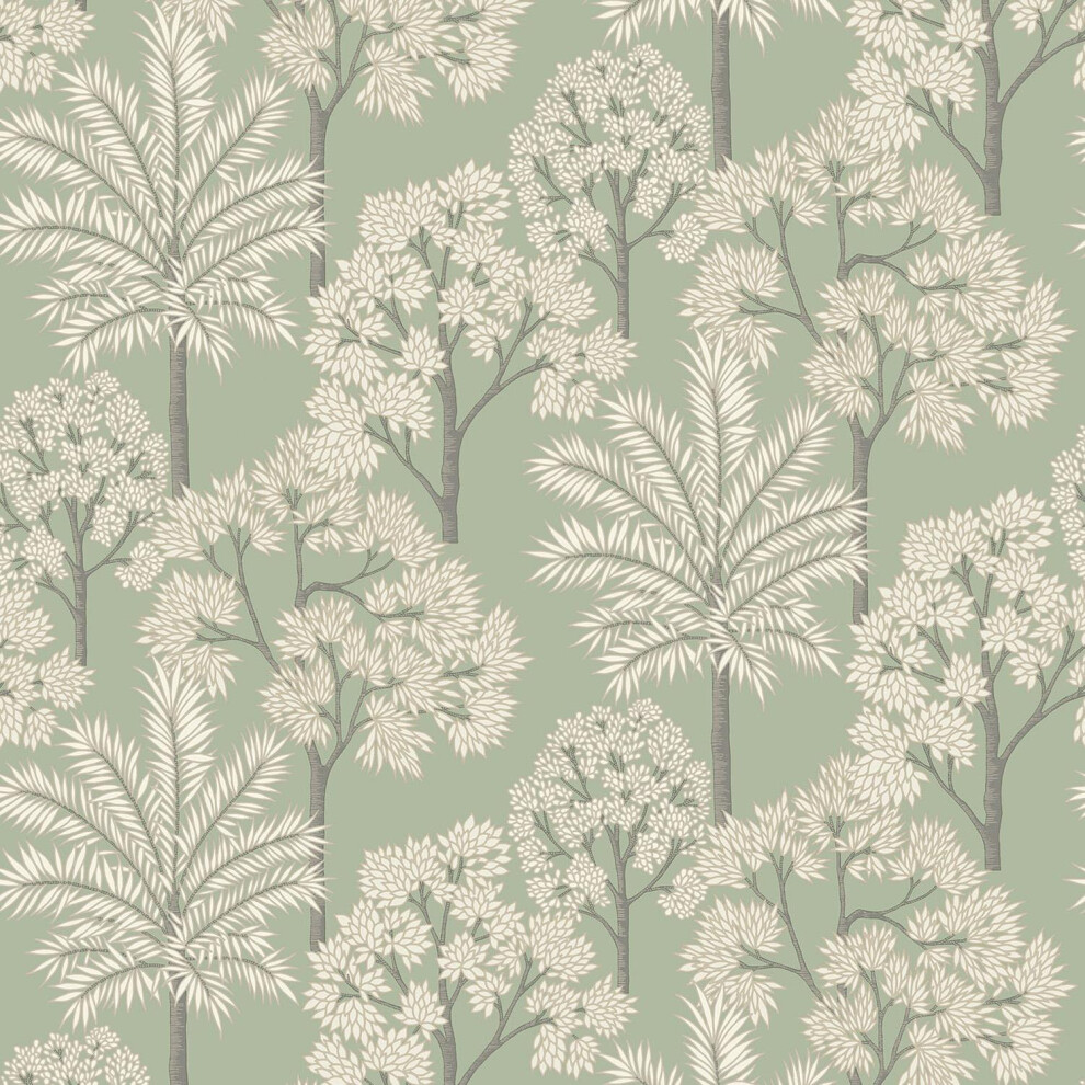 Grandeco Palm Forest Sage Green Wallpaper Metallic Leaves Vinyl