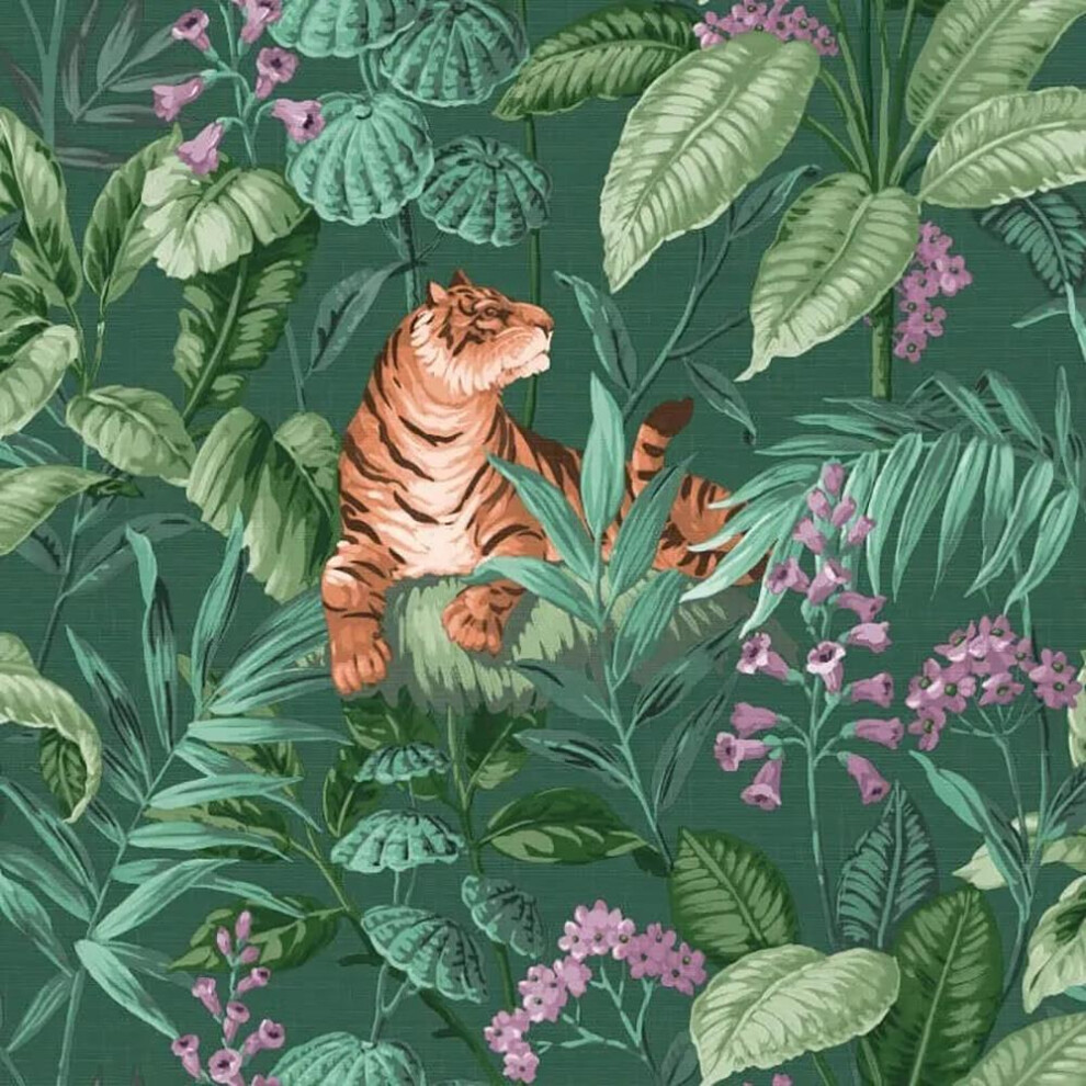 Fine Decor Floral Tiger Green Wallpaper Botanical Stylish Vinyl