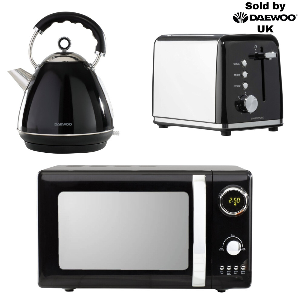 Daewoo Black 3-Pack Kensington Collection Matching 800W Microwave Kettle and Toaster Set 2-Slice Rapid Boil Pyramid