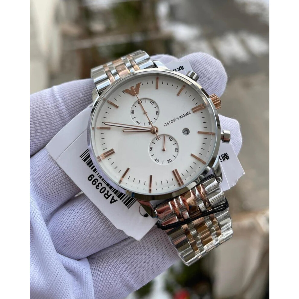 Armani Men Watch AR0399 Rose Gold Silver Strap White Dial Silver Case