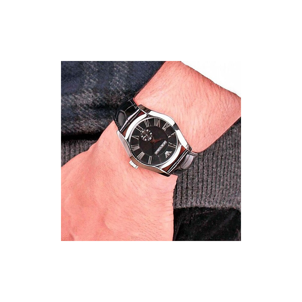 Armani Men's Watch AR0643 Black Leather Strap Black Dial Silver Case