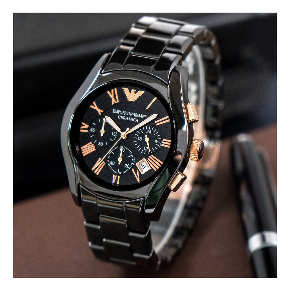 Armani Men's Watch AR1410 Black Ceramic Strap Black Dial Black Case