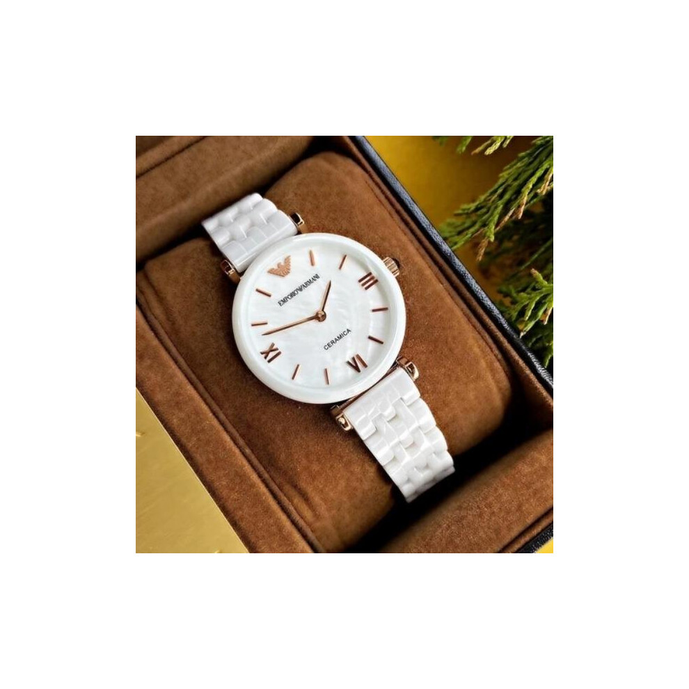 Armani Women's Watch AR1486 White Ceramic Rose Gold Strap White Dial