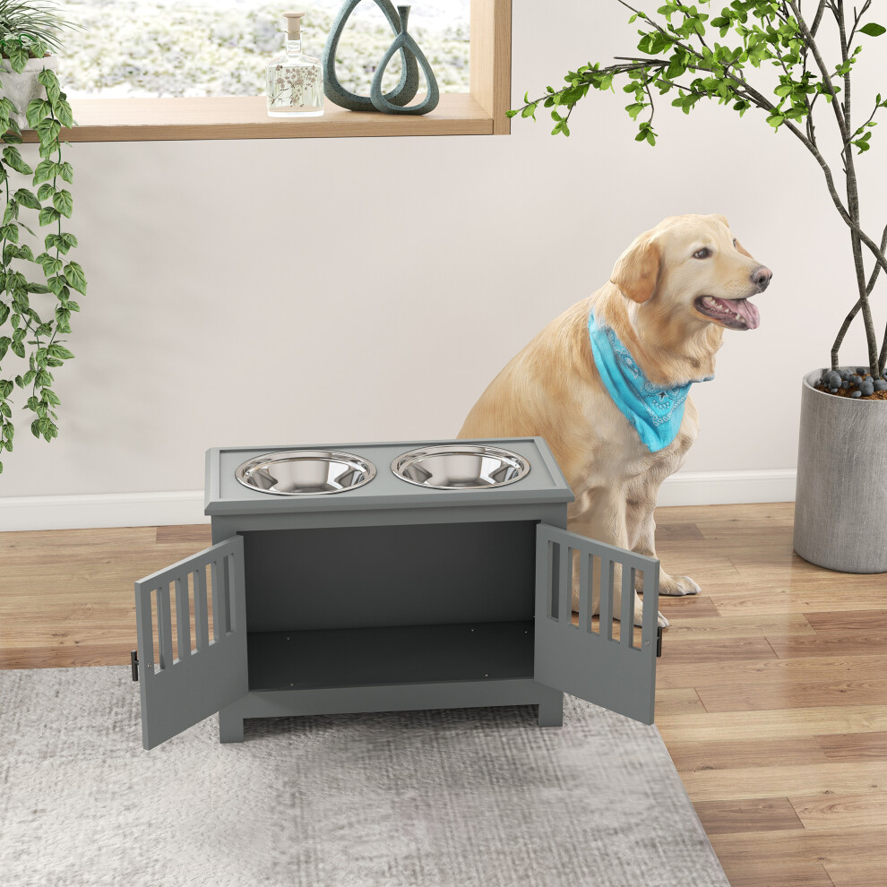 PawHut Raised Dog Bowls for Large Dogs Feeding Station w Stand Storage Grey on OnBuy