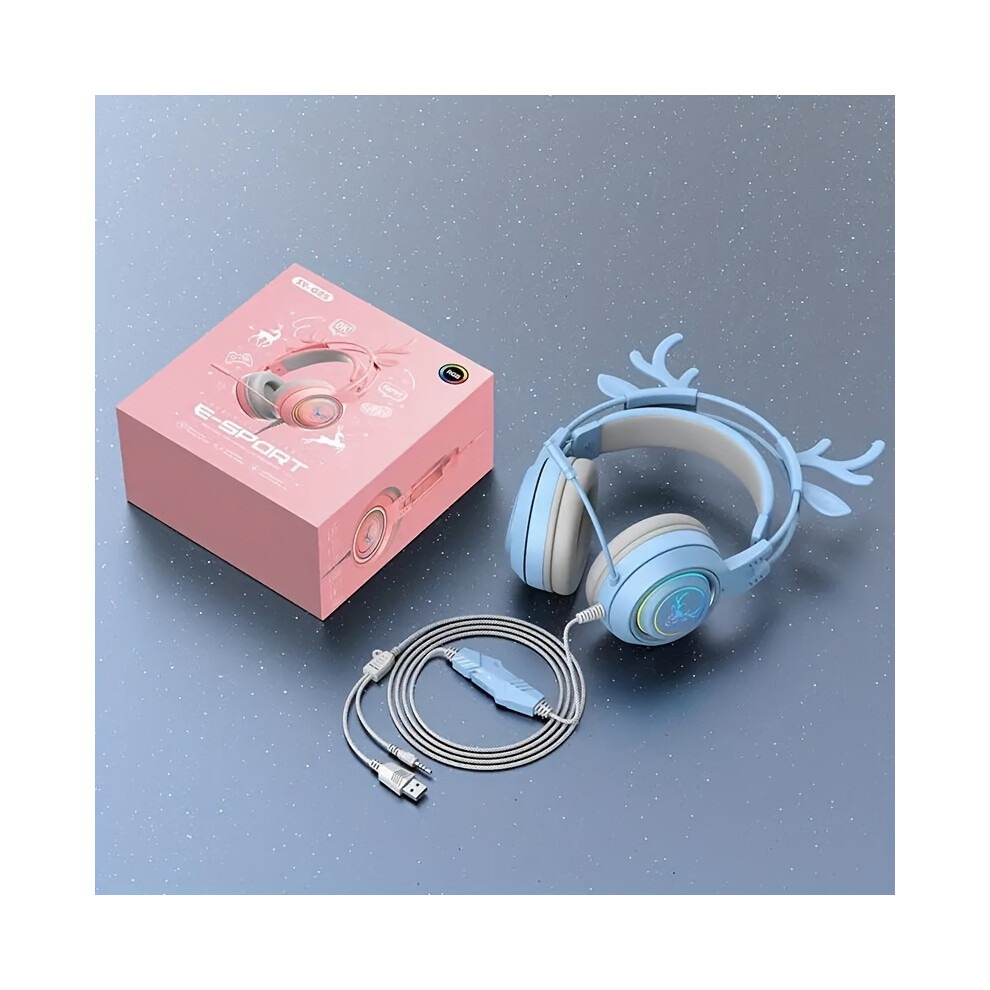 (Blue) Cute Glowing Deer Ear Wired Headphones - Surround Stereo Game Headphones Blue 9070861667866