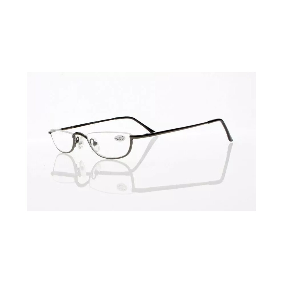 (Grey, +2.25 strength) New Women Men Business Mini Metal Half Moon Reading Glass +1.0 1.5 2.0  ~ +4.0-image-OPC-PDYCRW7-NEW