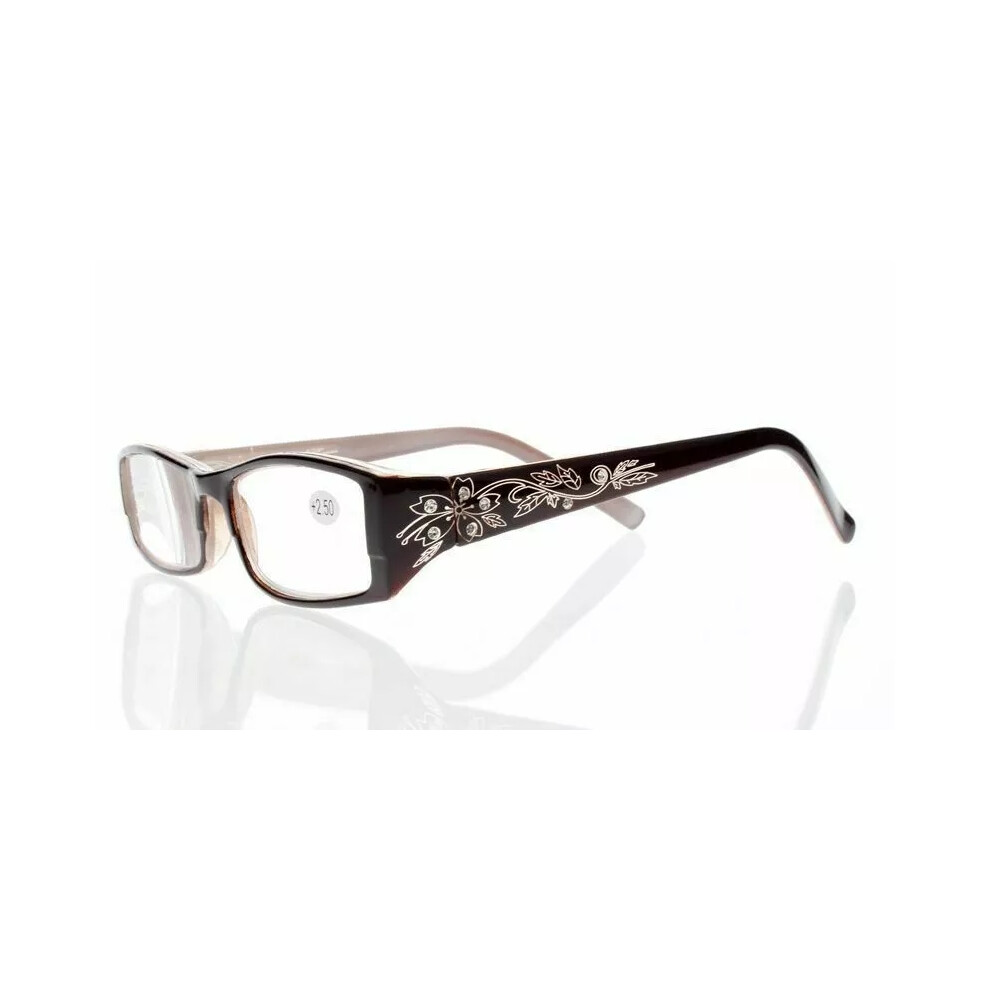 (+2.00 strength, Brown) Women's Spring Hinges Rhinestone Flower Resin Lens Reading Glass +1.0~+4.0 New