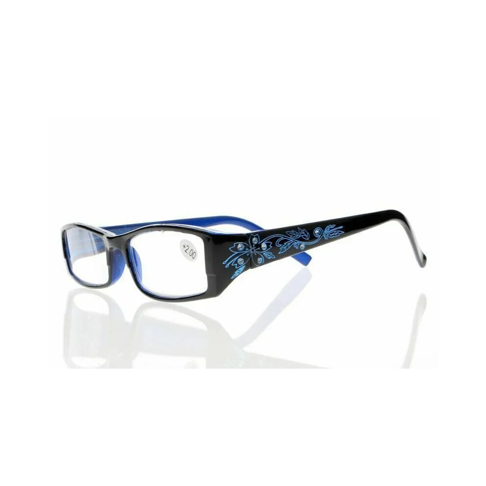 (+2.50 strength, Blue) Women's Spring Hinges Rhinestone Flower Resin Lens Reading Glass +1.0~+4.0 New