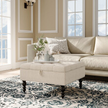 Square Tufted Linen Storage Ottoman