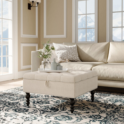 Living And Home Square Tufted Linen Storage Ottoman