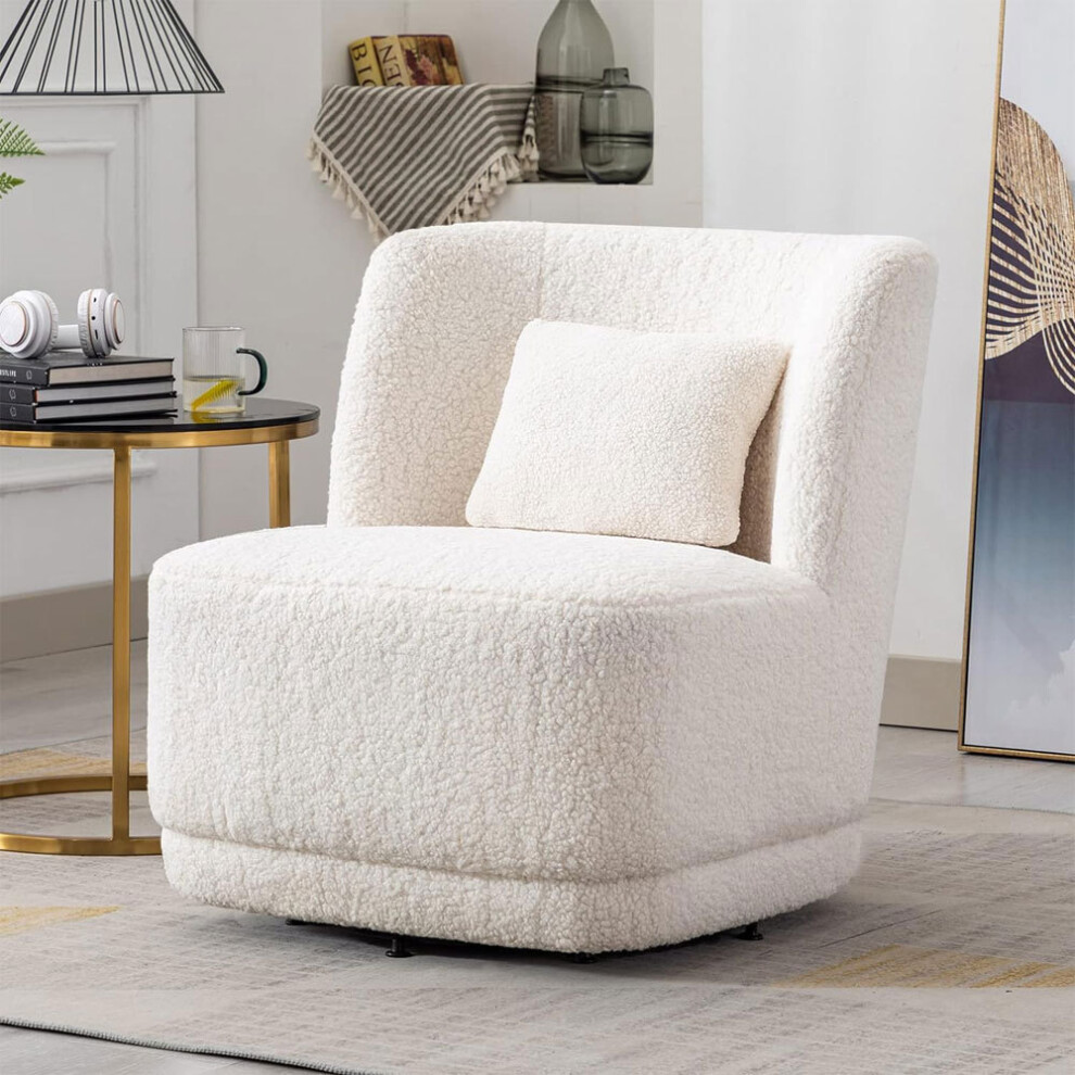 White Teddy Fur Upholstered Swivel Barrel Chair with Pillow