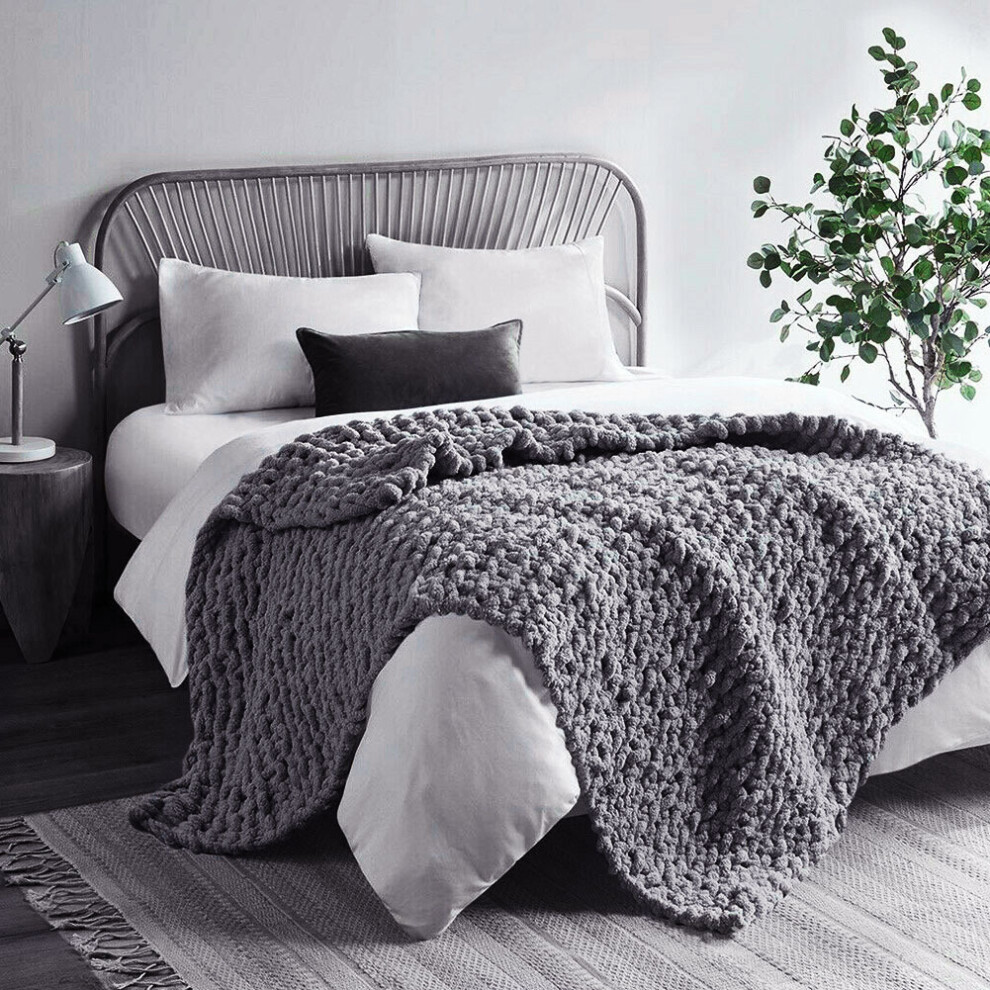 Dark Grey Hand-Woven Throw Cozy Chenille Blanket for Couch and Bed