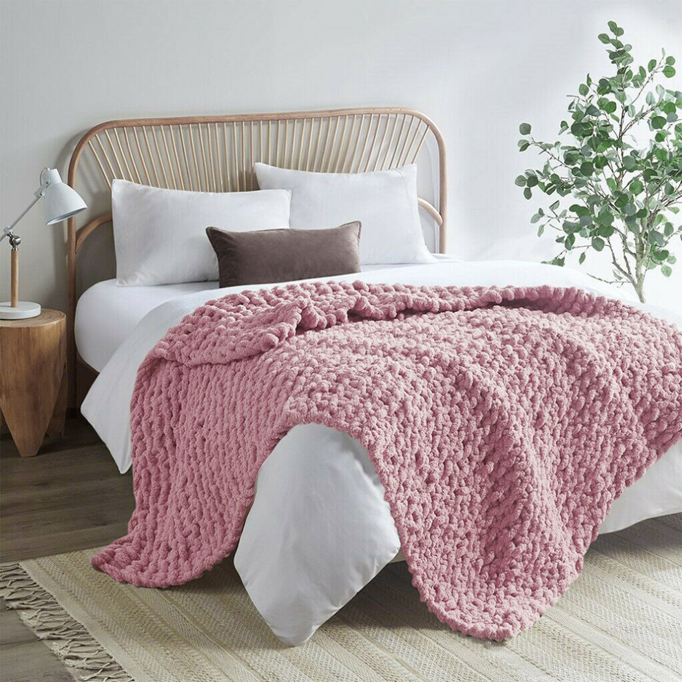 Pink Hand-Woven Throw Cozy Chenille Blanket for Couch and Bed